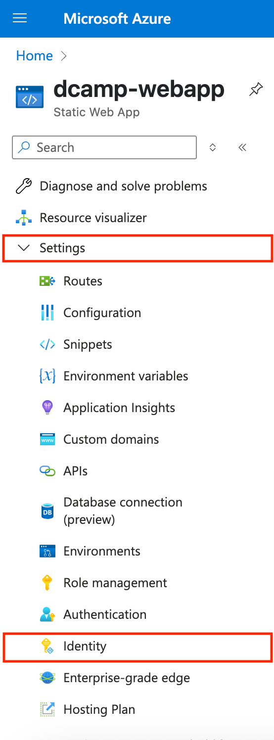 Screenshot of the Azure App Service menu. The “Settings” section is expanded on the left side, and “Identity” is selected from the drop-down list.