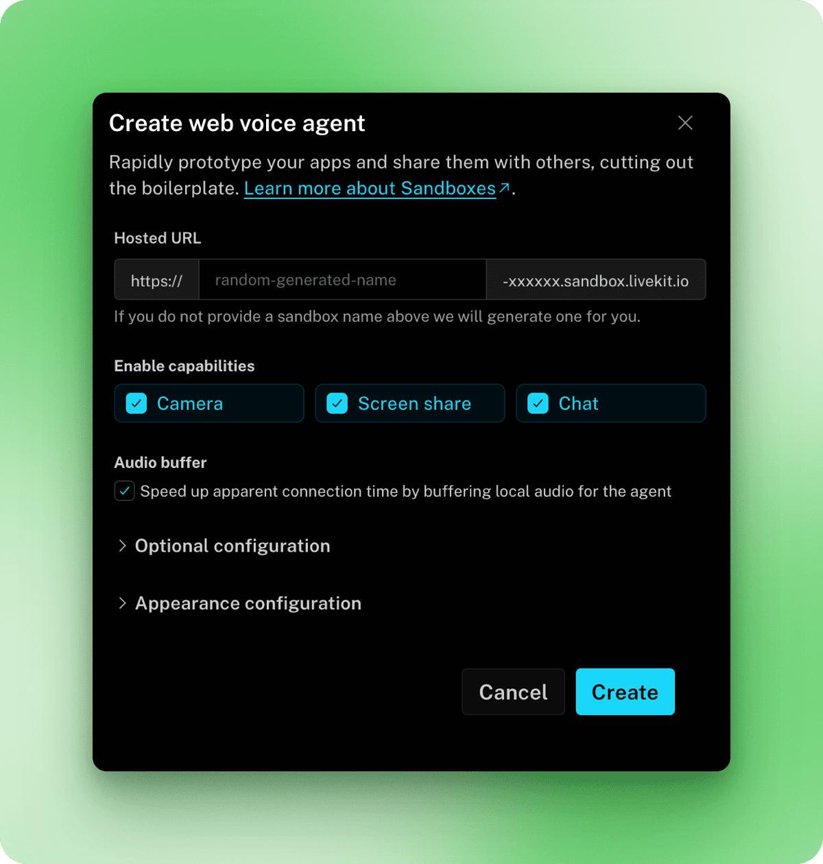 Create web voice agent modal with configuration options