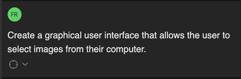 Sugestão de design de interface gráfica do usuário no Tabnine, sugerindo a criação de uma interface para selecionar imagens de um computador.