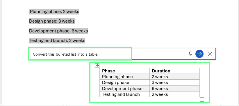 Create a table using the bulleted list with Copilot in Word