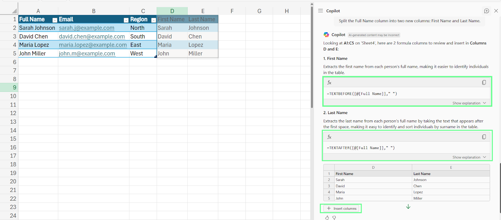 Split the names into separate columns using Copilot in Excel.