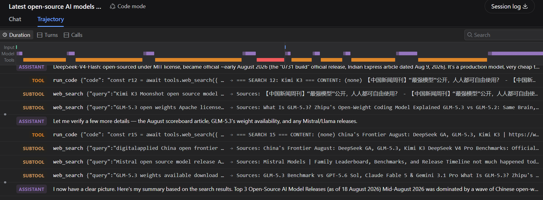 Deepseek Harness trajectory tab