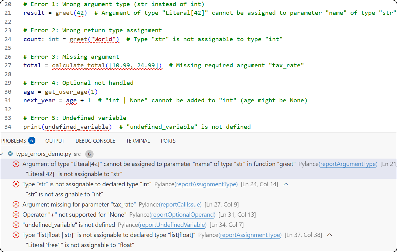 VS Code editor showing Pylance type error with red underline and error message in Problems panel