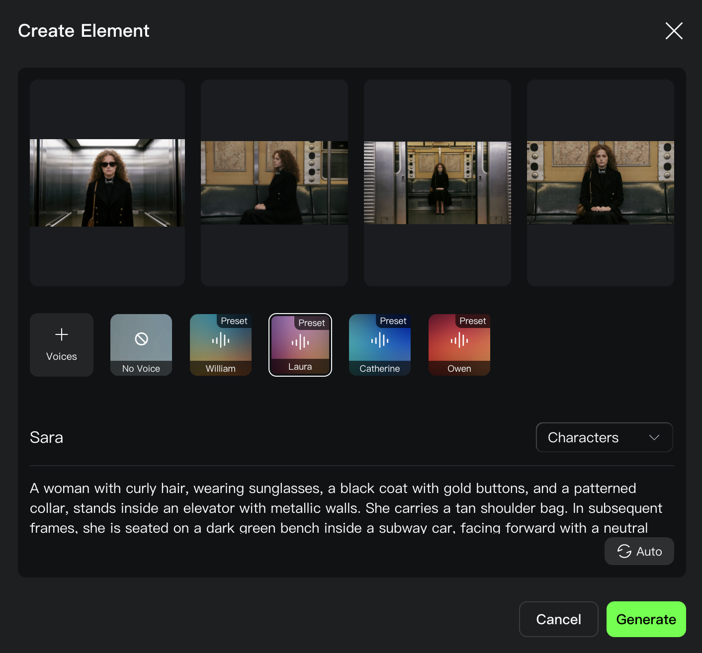 Screenshot of Kling AI Create Element interface for subject binding and character consistency: Sara in subway/elevator frames (sunglasses, black coat) with voice presets.