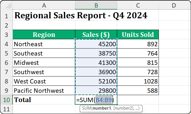 Excel spreadsheet showing AutoSum range selection with animated marching ants border around cells B4 through B9