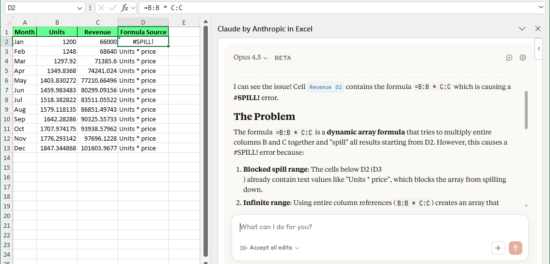 Debug the formula error directly in the Excel sheet using Claude.