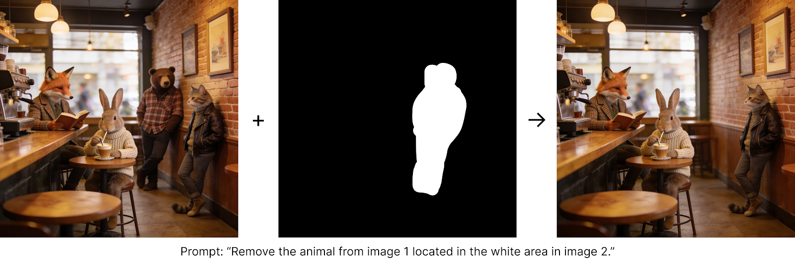 Seedream 4.5 API object removal demo: triptych of an anthropomorphic coffee shop scene; center panel shows a white silhouette mask over the bear, and the right panel shows the bear removed via inpainting.