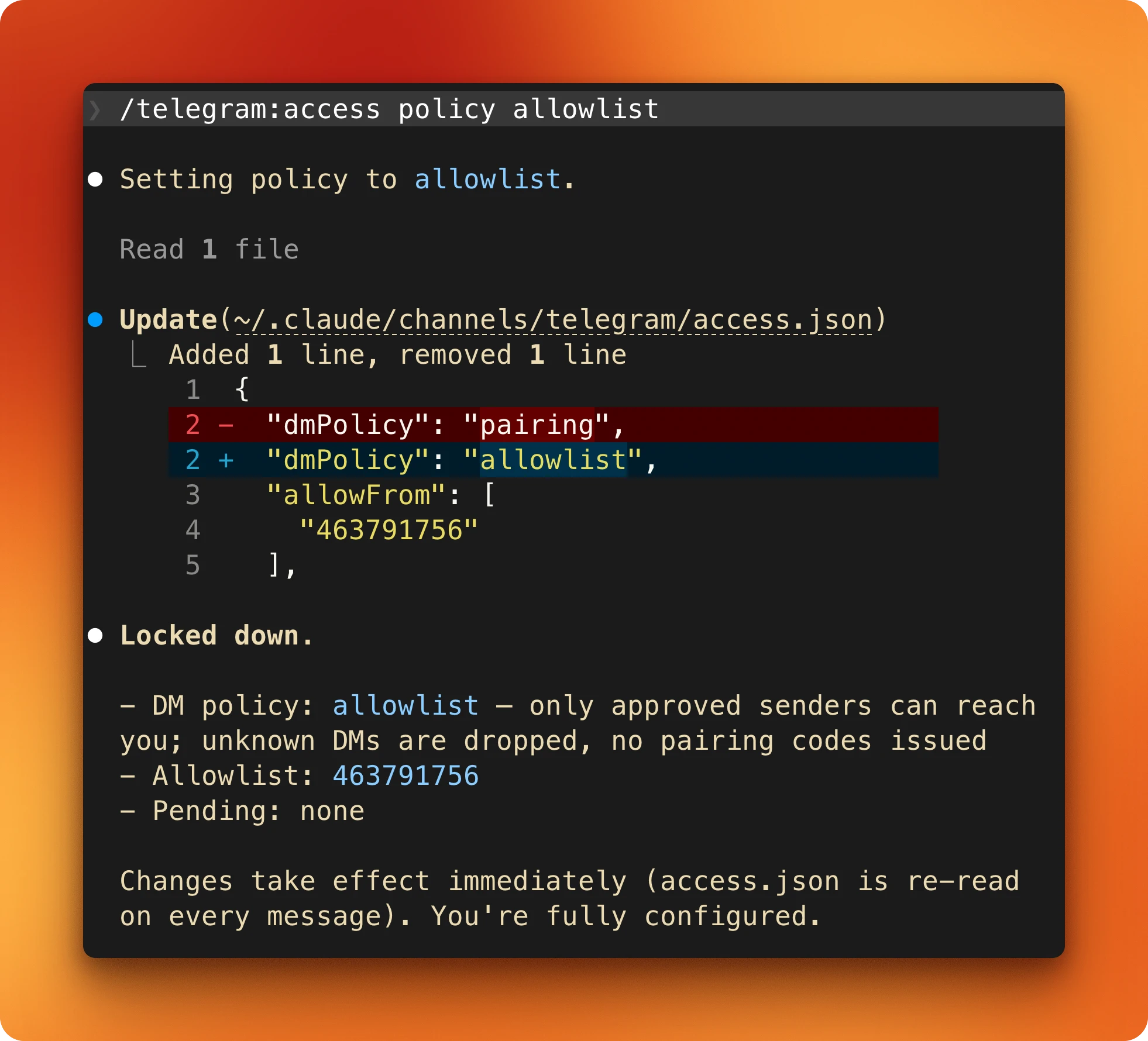 /telegram:access policy allowlist output showing the access.json diff and Locked down confirmation