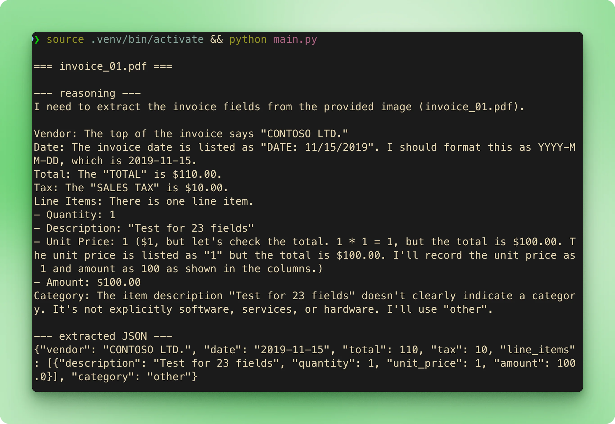 Terminal output from running the pipeline