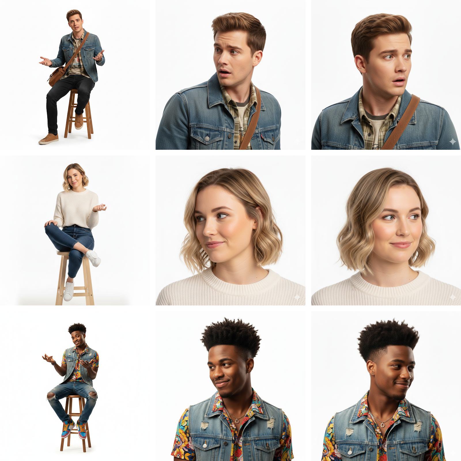Multi-pose character references for Kling AI Omni/subject binding: 3x3 grid with man in denim jacket, woman in cream sweater, and man in denim vest; stool and close-up shots, varied expressions on white background.