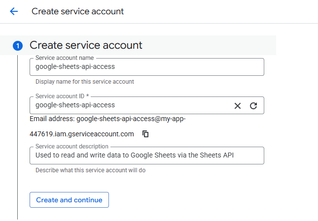 Create a service account in Google Sheets API