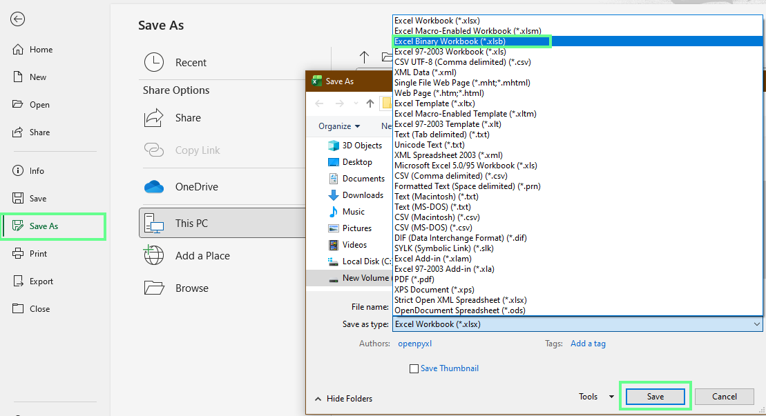Saving the file as .XLSB in Excel.