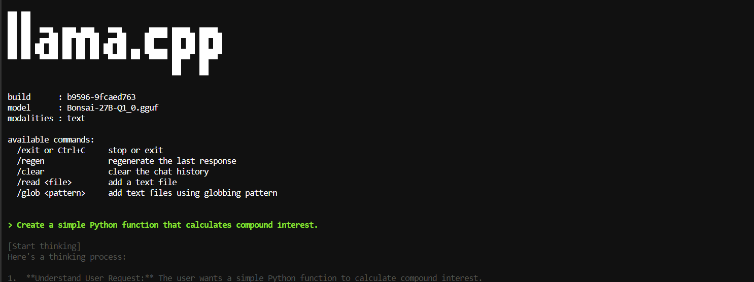 llama.cpp CLI running the  Bonsai-27B