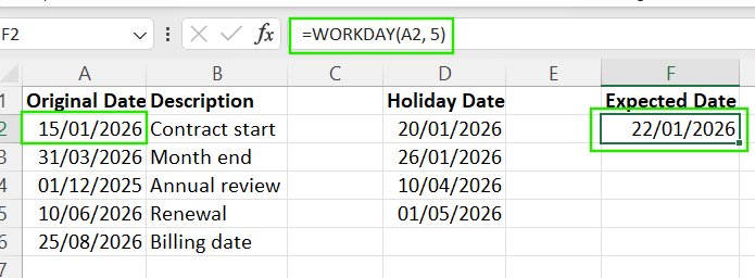 How to use WORKDAY() to skip weekends and holidays when adding days to a date in Excel.