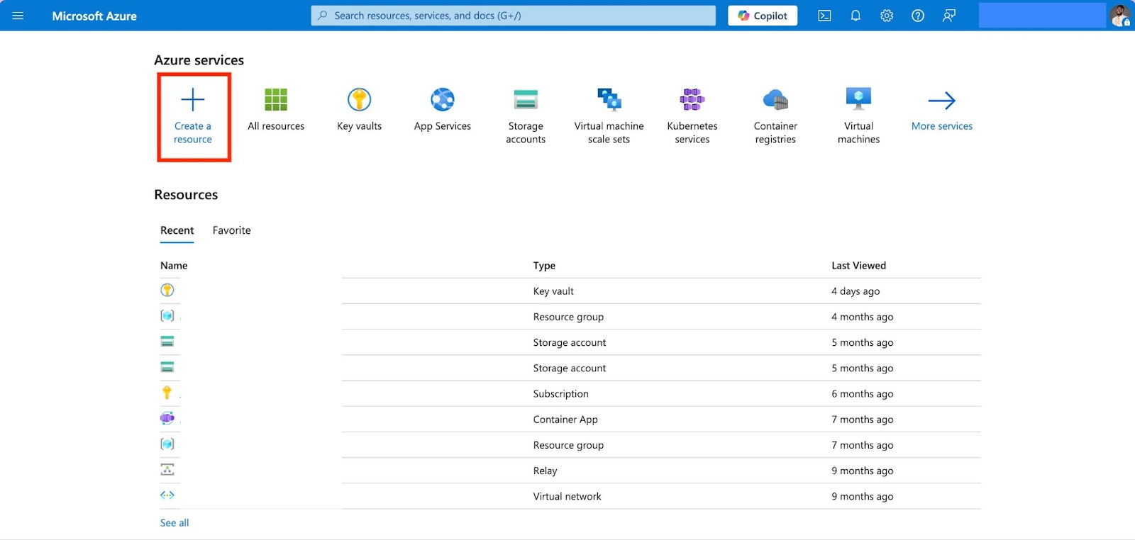 Screenshot of the Azure Portal home page, highlighting the “Create a resource” button on the left-hand menu.