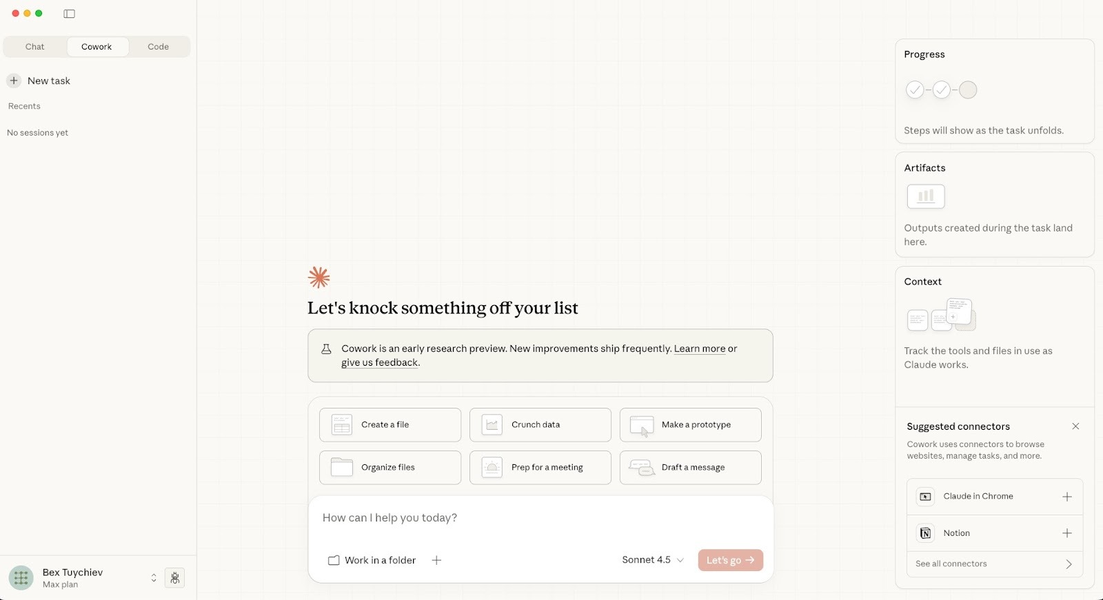 Claude Cowork interface showing task suggestions and Work in a Folder checkbox