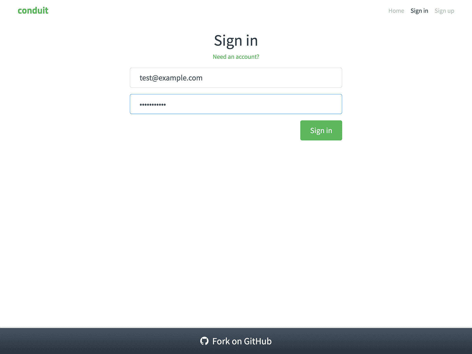 Conduit sign-in form with email field populated with 'test@example.com', password field showing obscured characters, and green 'Sign in' button ready for submission
