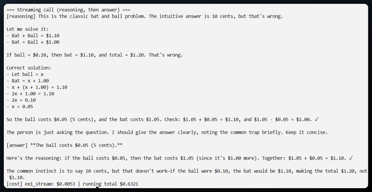 Terminal showing Kimi K3 streaming its step by step reasoning then the final answer that the ball costs five cents.