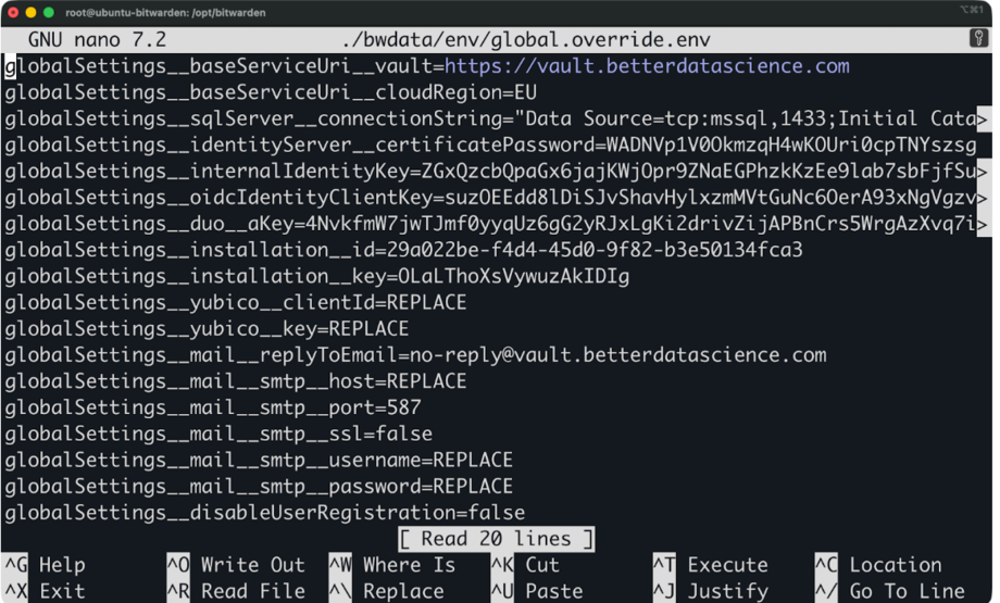SMTP settings file docker bitwarden