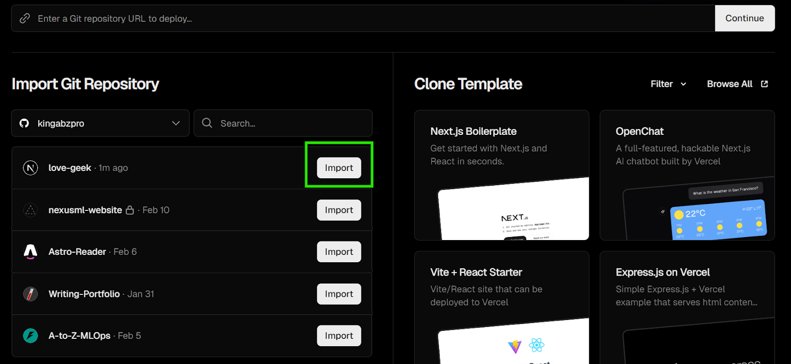 Import Git Repo in the Vercel