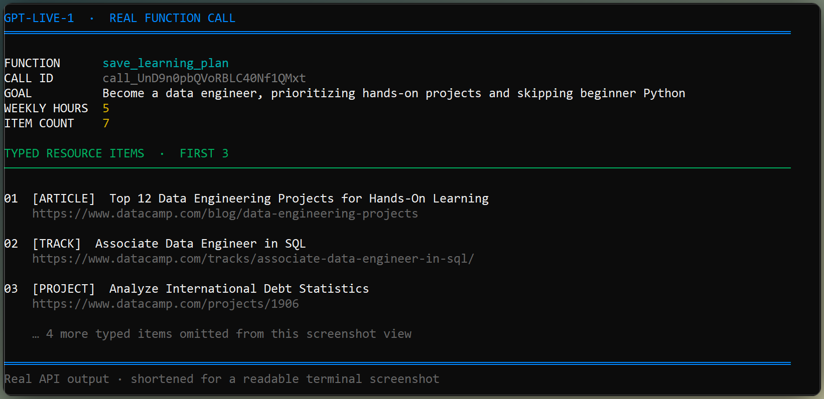 Terminal output showing a real save_learning_plan call with its goal, weekly hours, and typed resource items.