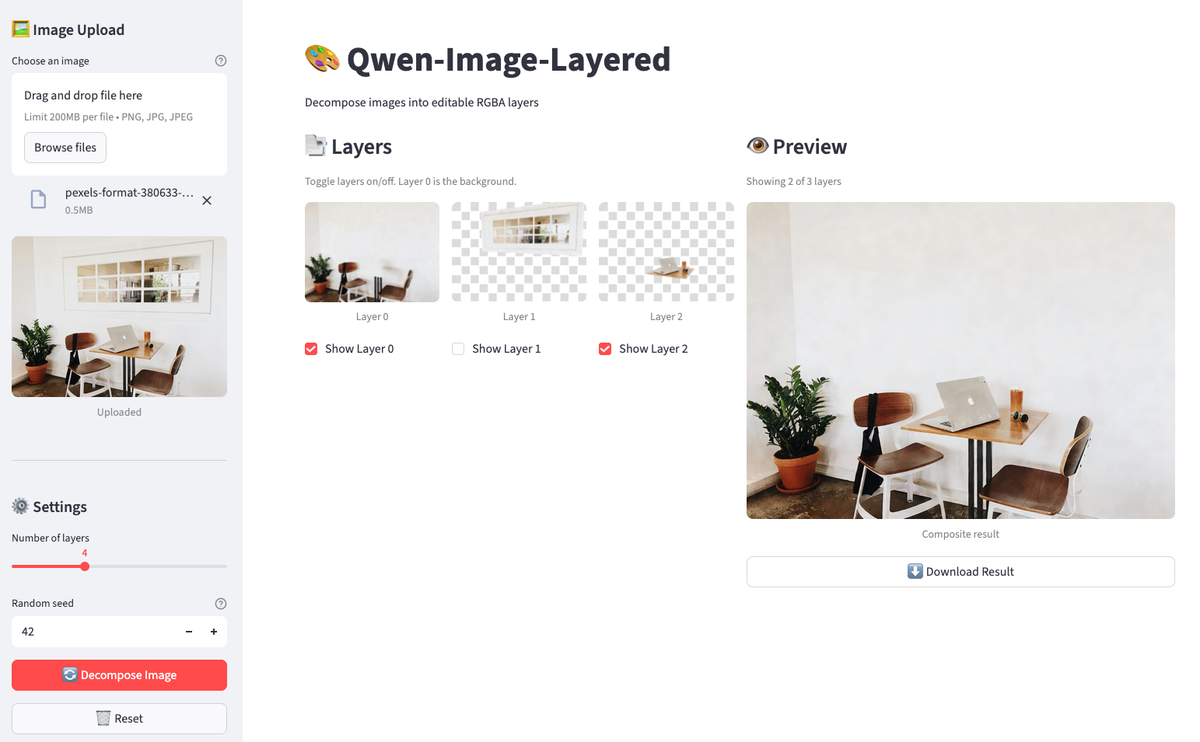 Streamlit app interface showing layer toggles and live preview for decomposition using Qwen-Image-Layered