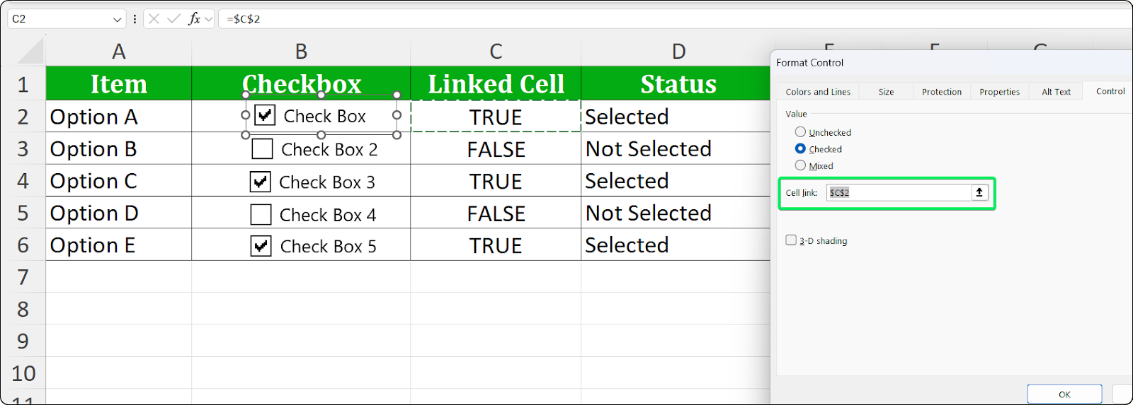 Format Control dialog with Cell link field on Control tab