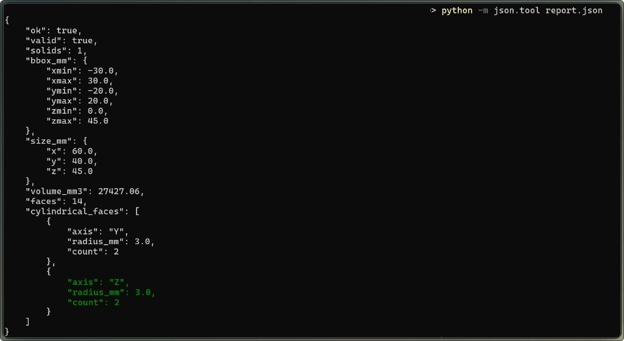 JSON report from the inspect_cad tool showing a valid solid and Z-axis hole faces with a 3.0 mm radius