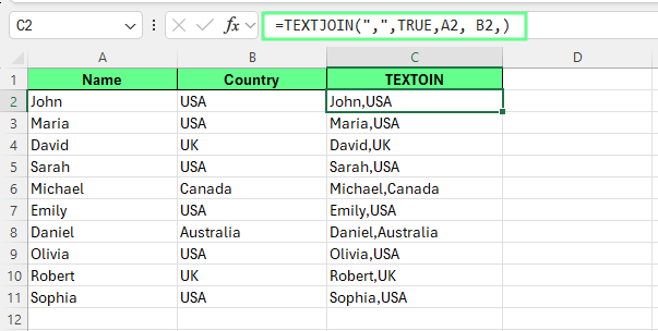 Combine cells with a delimiter using the TEXTJOIN function.