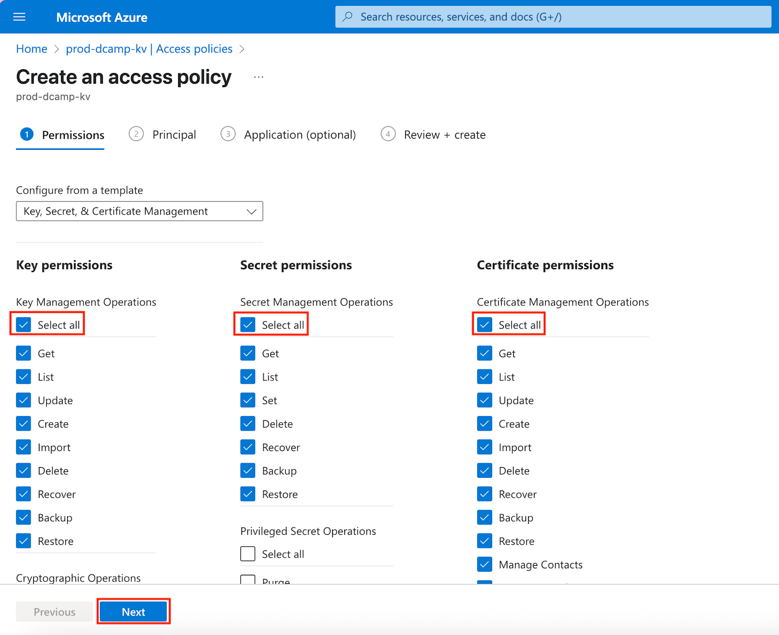 Screenshot showing the “Key, Secret, & Certificate Management” template selected. The checkboxes for all key, secret, and certificate permissions are automatically checked. The “Next” button is visible at the bottom.