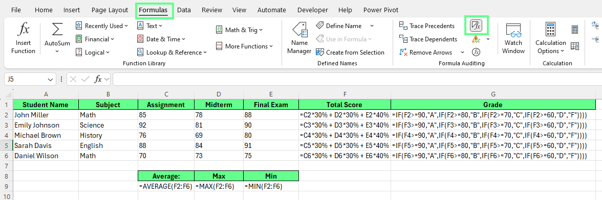 Show all the formulas in the worksheet using the Show Formulas button on Excel Ribbon.
