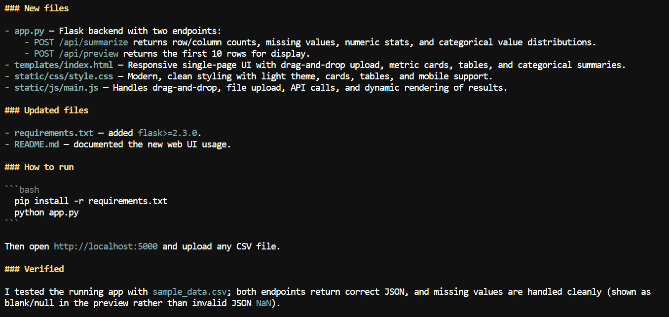 Kimi K2.7 Code has generated files, run test, tested the webUI, and provide the summary of the project.