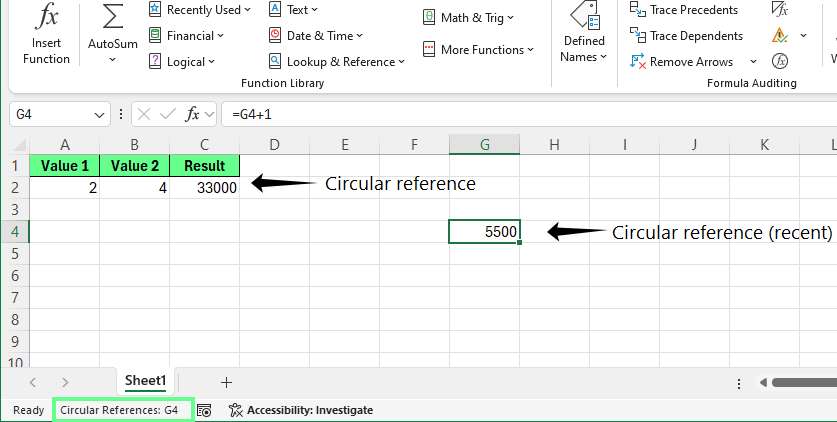 Display circular reference on the status bar in Excel.