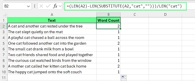 Count the specific word in Excel.