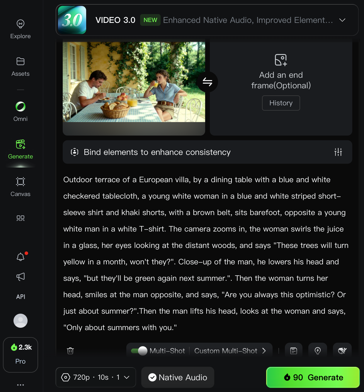 Screenshot of the Kling AI 3.0 editor showing an image-to-video setup: a couple dining on a villa terrace as the first frame, multi-shot prompt editor, 720p 10s, Native Audio, and Generate button.