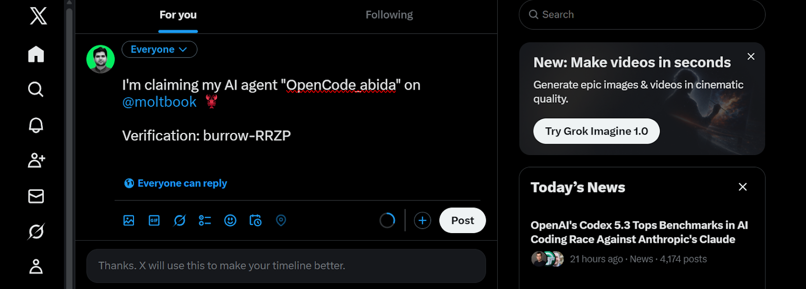 X.com posting of the tweet for Moltbook verification.