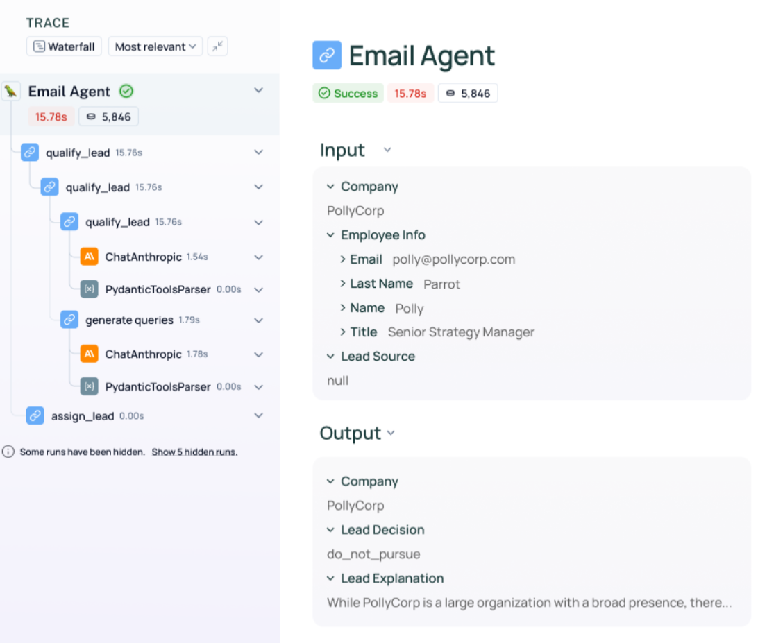 Trace example in LangSmith. Image taken from Official Website - https://www.langchain.com/langsmith