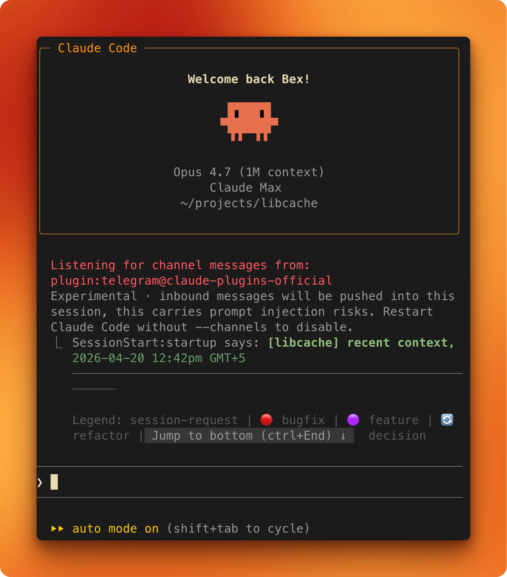 Terminal showing claude launched with --channels and --permission-mode auto flags, Auto Mode indicator visible