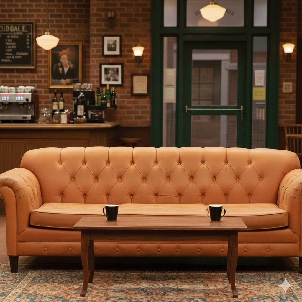 Sitcom-style coffee shop set with tan tufted sofa, wooden table and two mugs, brick wall and espresso bar—scene element for Kling AI Omni mode.