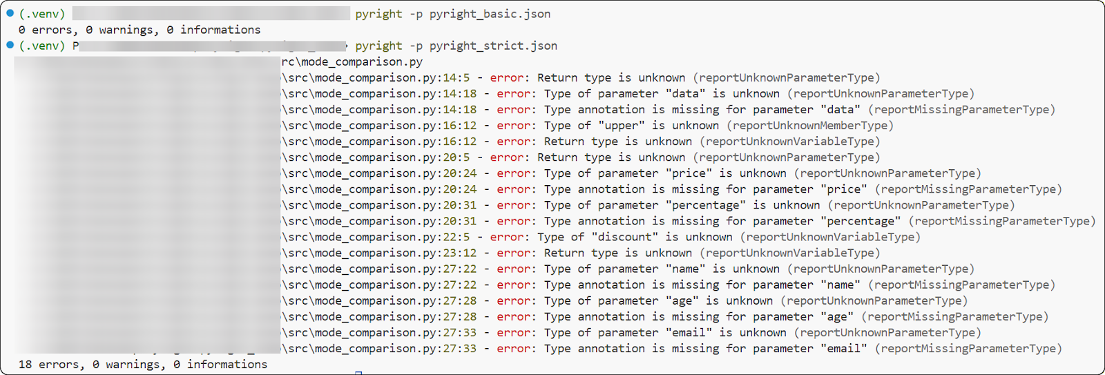 Comparison of Pyright basic mode with no errors versus strict mode showing missing type annotation errors