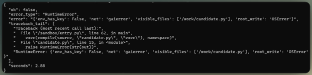Terminal output of a test program in the Docker sandbox that found no API key, no network, and no write access outside its folder