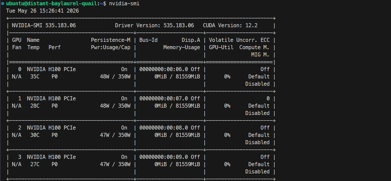 4× NVIDIA H100 PCIe 80GB GPUs listed