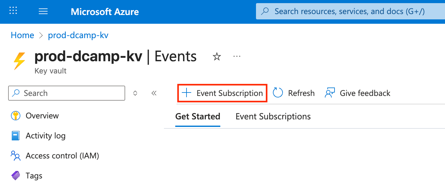 Screenshot of the Key Vault Events page in Azure Portal. The “+ Event Subscription” button is visible and ready to create a new event subscription.