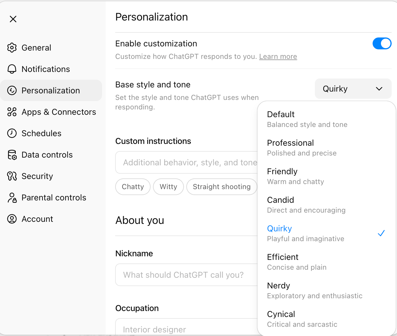 GPT 5.1 Personalization
