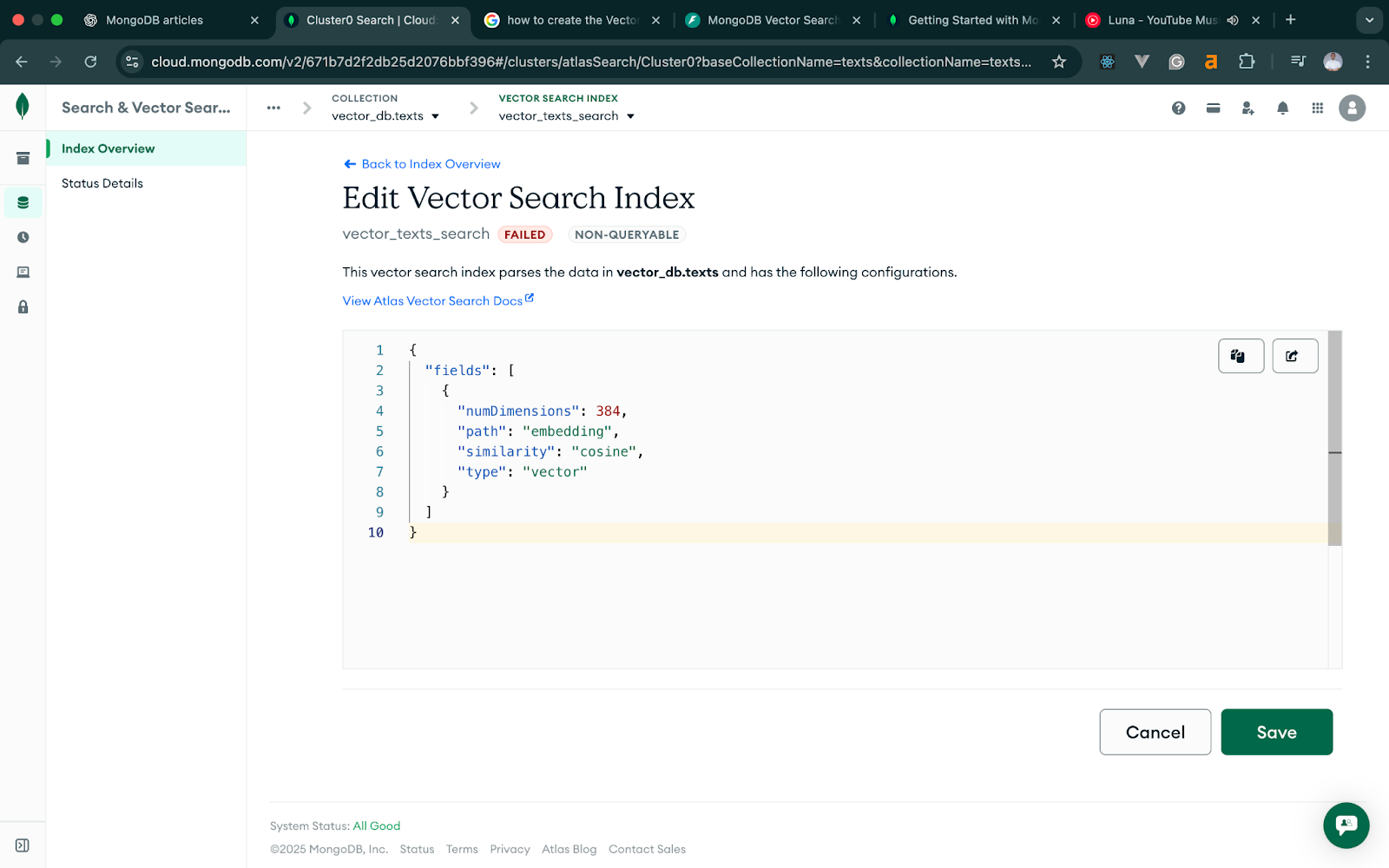 MongoDB Atlas dashboard explaining the process to create a search index. Step three of the process.

Image contains a JSON text editor for the JSON definition of the text search.