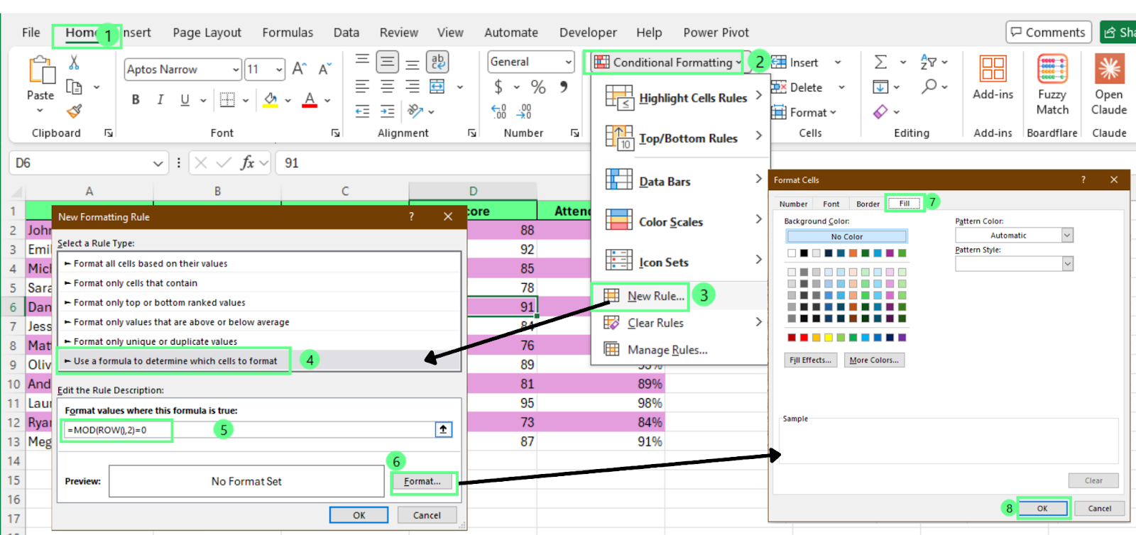 Applying Conditional Formatting to color the alternative row in Excel.
