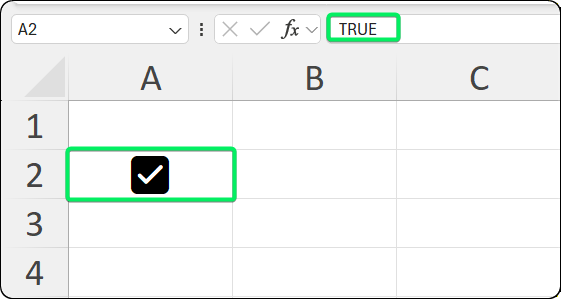 Checked checkbox cell with formula bar displaying TRUE