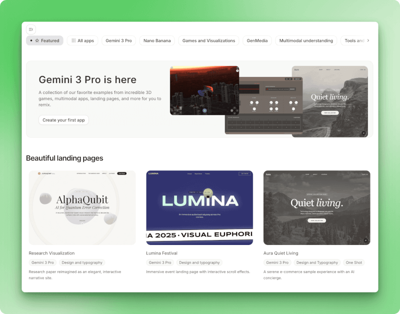 AI Studio Starter apps gallery showcasing Gemini 3 Pro featured examples
