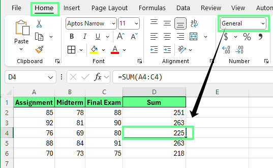 Change the cell format to General to display results instead of text in Excel.