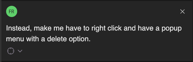 Texto de prompt em uma interface de codificação de IA para criar um menu pop-up do botão direito do mouse com uma opção de exclusão.